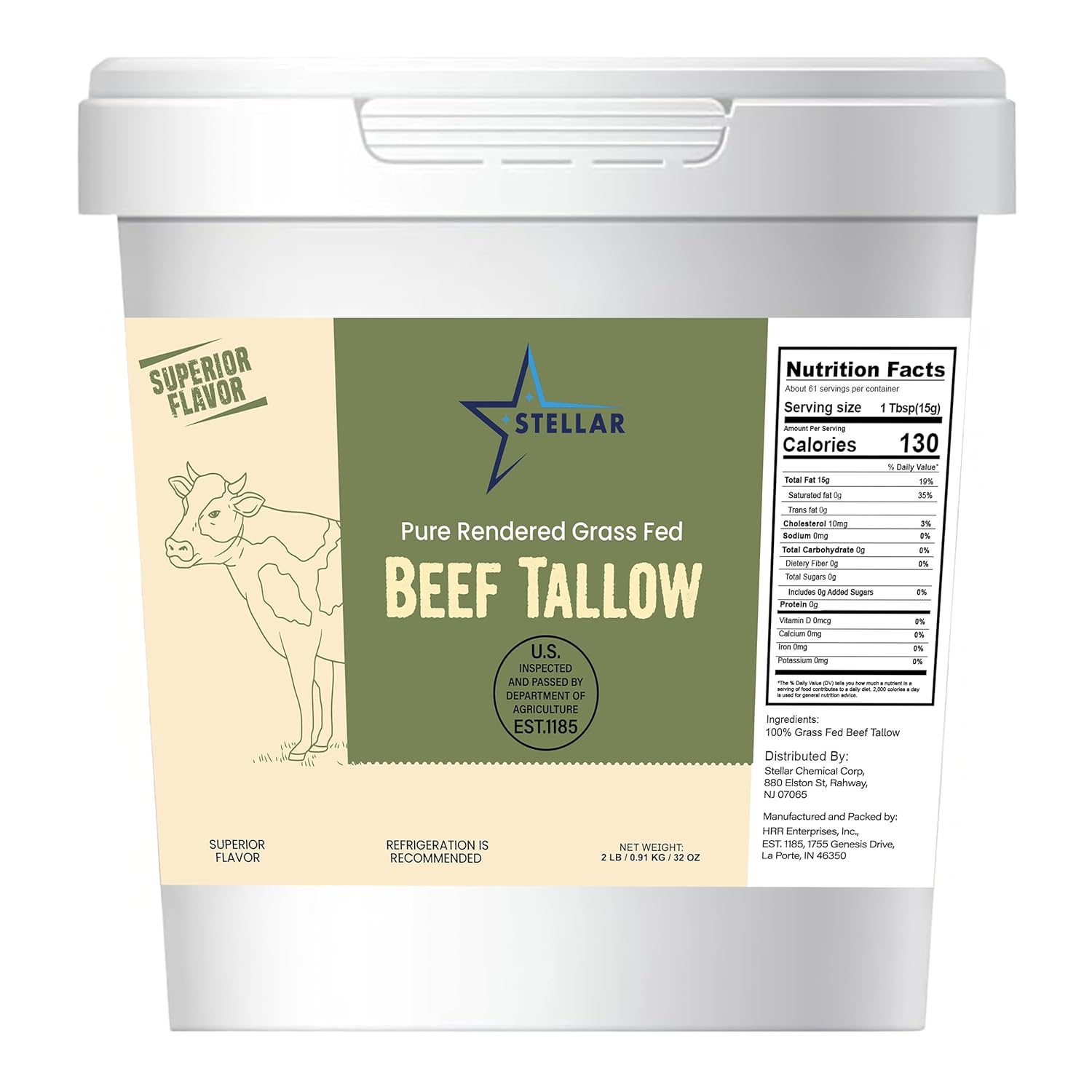 Stellar Beef Tallow for Cooking – 100% Grass-Fed & Finished Rendered Tallow | Cooking Fat for Frying, Baking & Searing | Keto, Paleo Friendly | 32 oz (2 lbs)