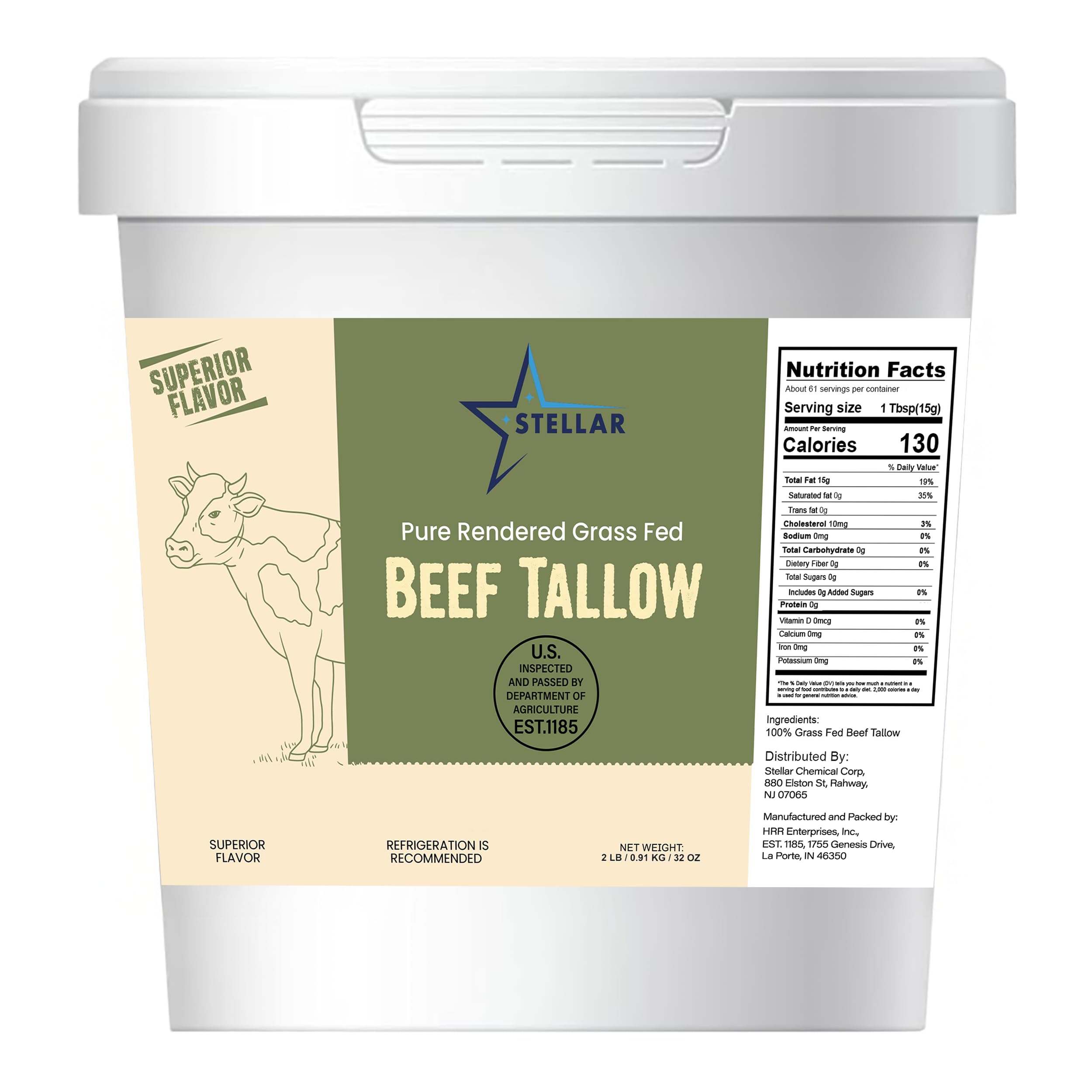 Stellar - Beef Tallow - 100% Grass-Fed & Finished - Good for Cooking, Baking and Frying - Food Grade - 2 LBS