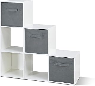 Mondeer Storage Unit, Wooden Bookcase 6-Cube Step Style with 3 Storage Boxes for Living Room Study Room Balcony Office, White