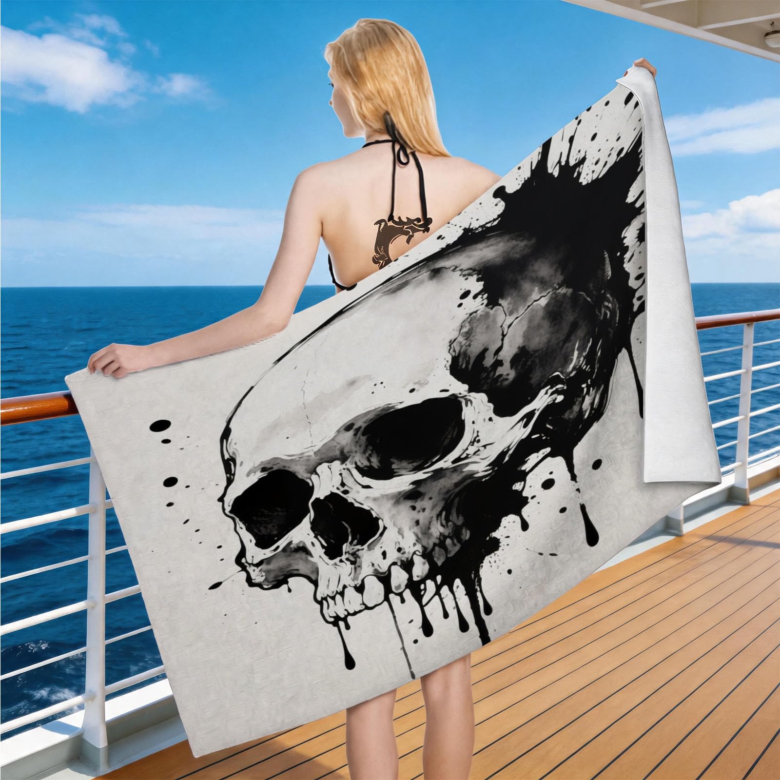 Hongduo Microfiber Quick Dry Beach Towel Splash Ink Skull, 3D Art Graffiti Beach Towels Absorbent Fast Drying Bath Towels, Travel Camping Gym Swimming Bathroom (80x160cm)