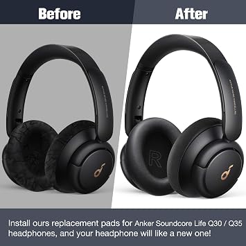 Profesyonel yedek kulak yastığı, Anker Soundcore Life Q30 / Q35 kulaklık ile uyumlu, birinci sınıf hafızalı köpük ve protein ciltli (siyah)