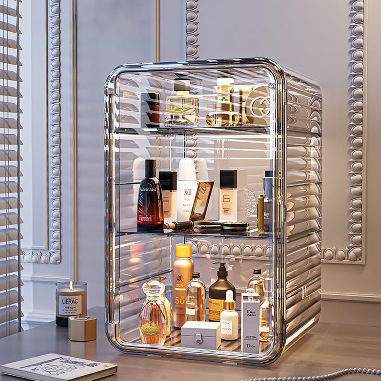 Cosmetic storage box, acrylic transparent cosmetic display cabinet, adjustable baffle storage cabinet, suitable for cosmetics, skin care products, decorations, bags (Transparent brown)