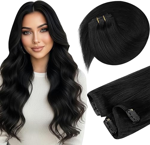 Sunny Hair Clip in Hair Extensions Real Human Hair 85g Remy Hair Clip in Extensions for Women Human Hair Extensions Natural Black 12 Inch