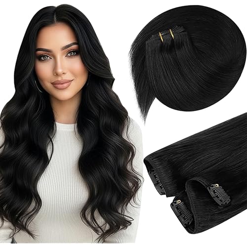 Sunny Hair Clip in Hair Extensions Real Human Hair 85g Remy Hair Clip in Extensions for Women Human Hair Extensions Natural Black 12 Inch