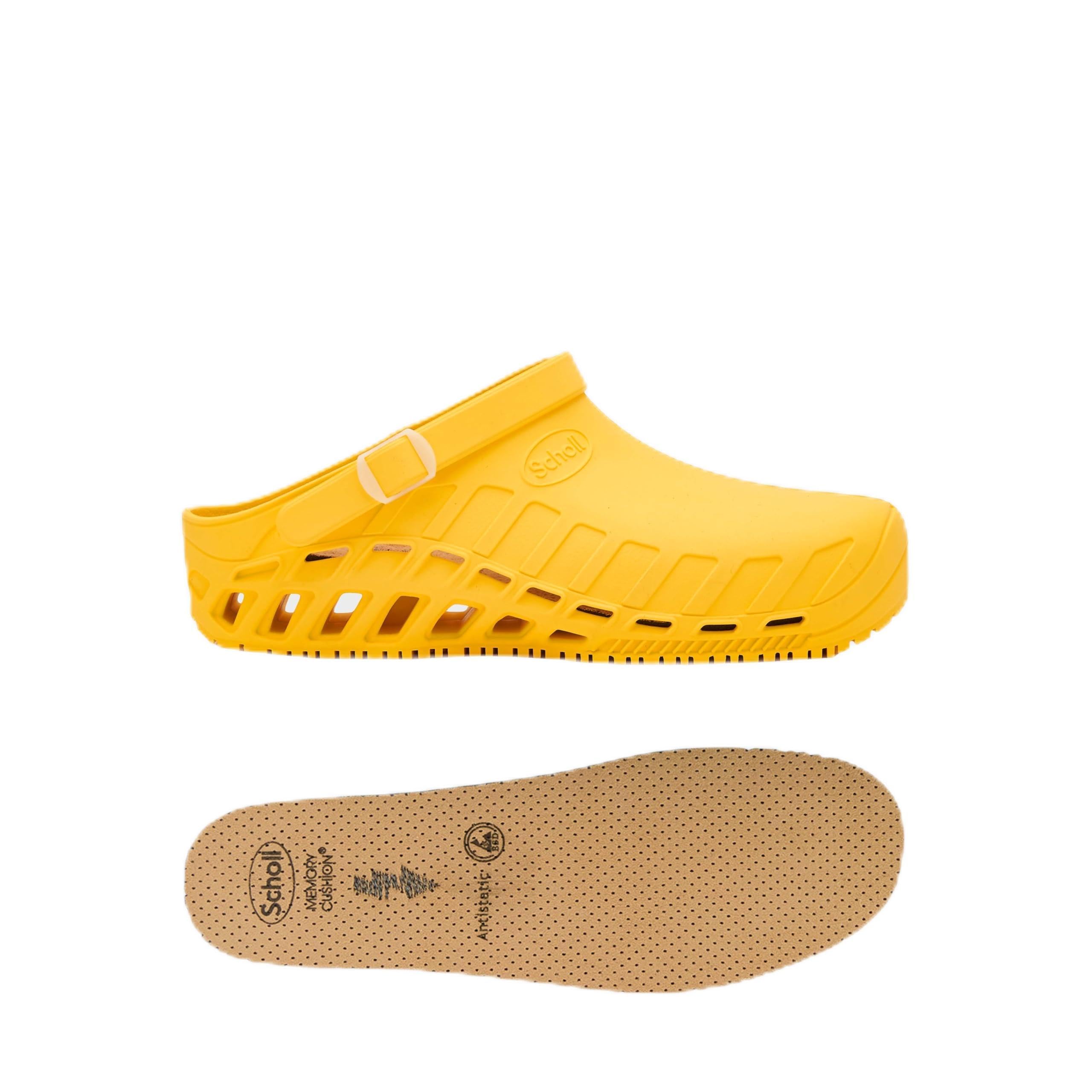 Scholl Clog Evo Amarillo + Plantillas Antiestáticas Scholl con Memory Cushion para Clog Evo – Amarillo/Marrón