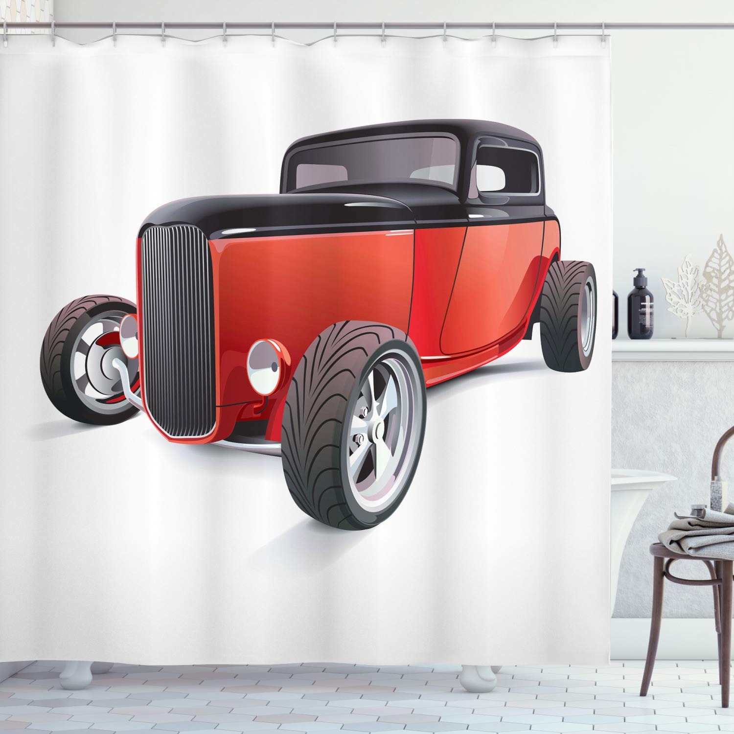 ABAKUHAUS Cars Shower Curtain, Nostalgia Red Hot Rod American Culture Retro Revival Classics Collector's Car, Fabric Bathroom Decor Set with Hooks, 70" Inches, Red Black White