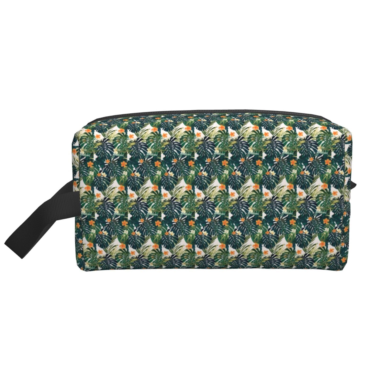 Ercgad Unisex White Tropical Summer Hawaiian Flower Palm Leaves Print Large Capacity Travel Toiletry Bag Cosmetic Pouch Daily Storage Makeup Case