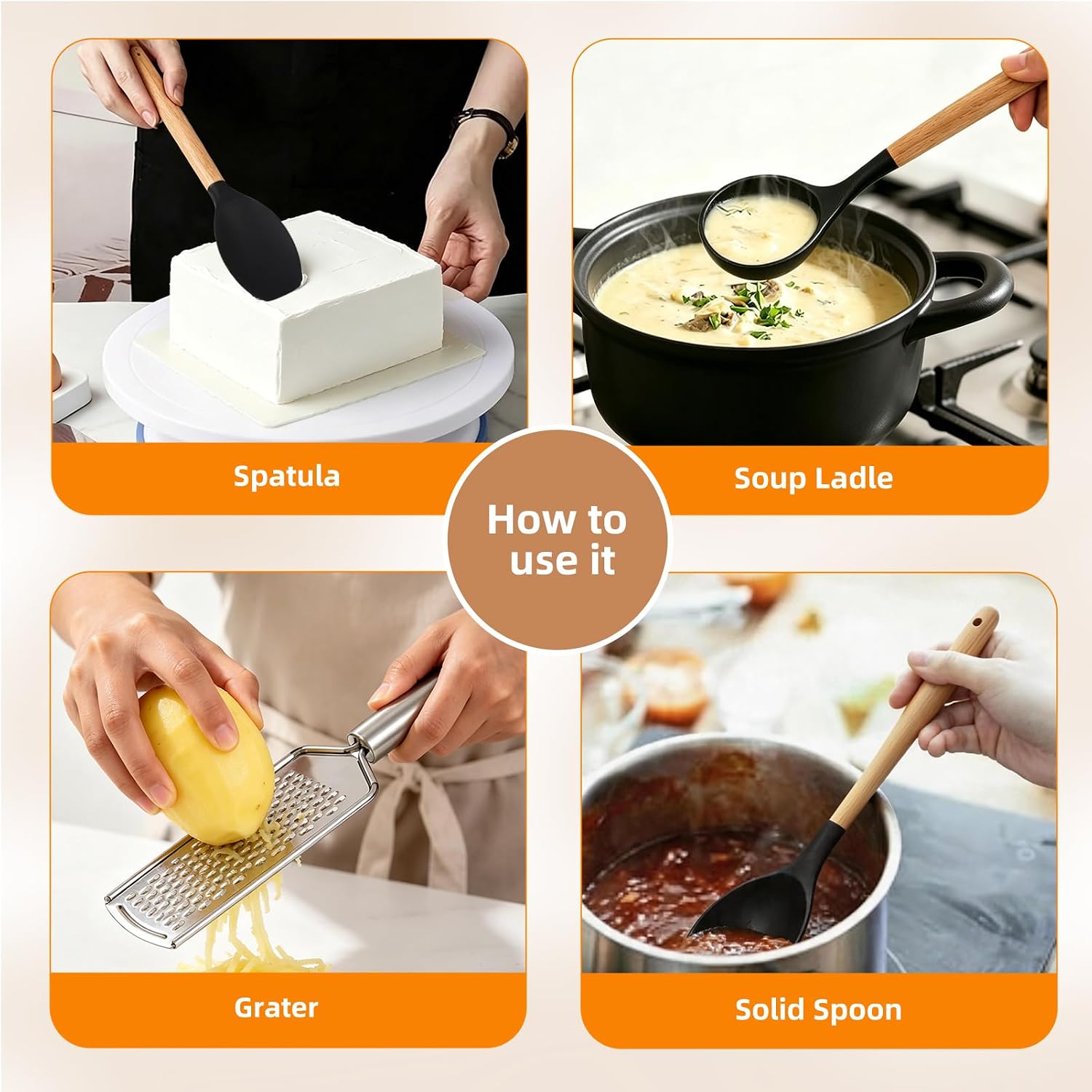 4-Piece Set,3 Silicone Cooking Spoons,1 Grater, Kitchen Utensils,Black