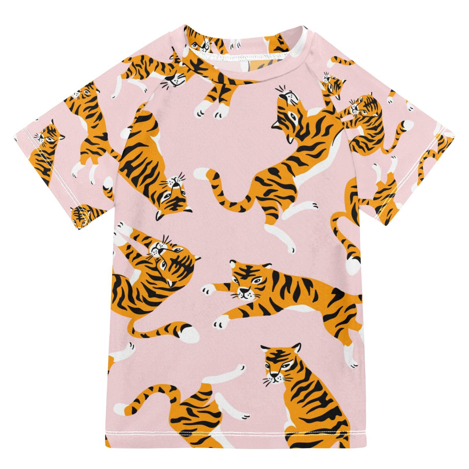 Aflyko Boys Girls Short Sleeve Sun Shirt Cute Tigers Rash Guard Swimwear Tops for Kids Spring Vacation Water Park Pool Party Swimming Class Outfit, 11-12T Multicoloured