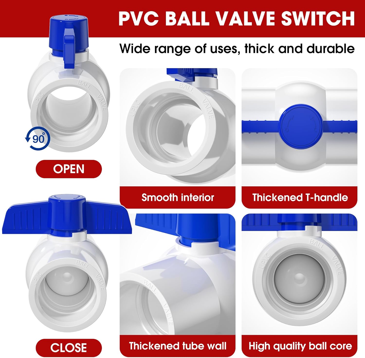 16PCS 3/4" PVC Ball Valve,SCH40 Slip PVC Water Pipe Valve with Easy Turn Blue T-Handle, Shut-Off Ball Valve Socket for Water Project, Swimming Pool, Sewage Pump, Outdoor Plumbing & Irrigation System
