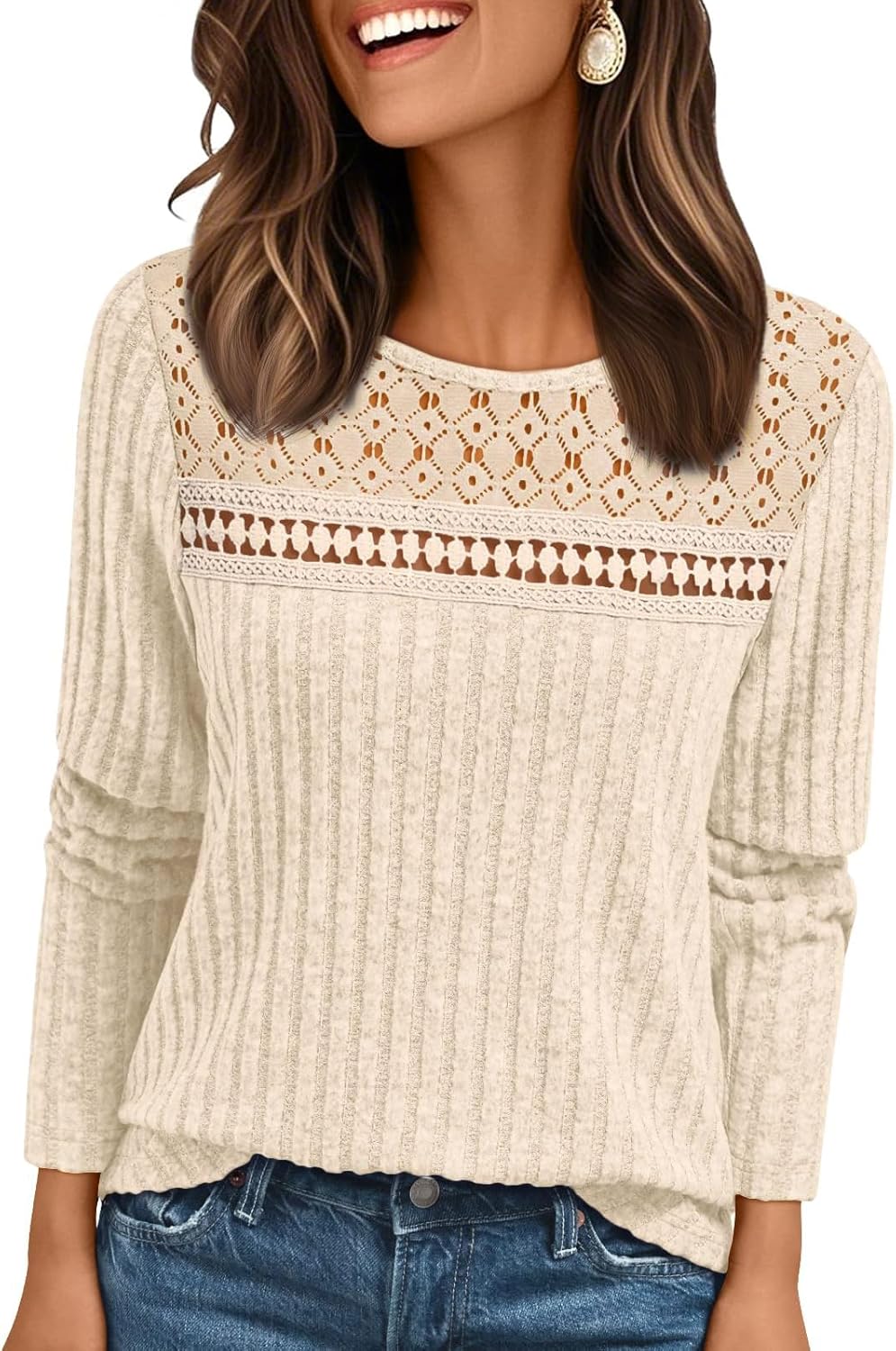 EIRUKON Trui voor dames, lichte gebreide trui, casual, ronde hals, lange mouwen, herfst, winter, elegante trui, bovenstuk, top met kant, effen, lange mouwen, tuniek, beige, XL