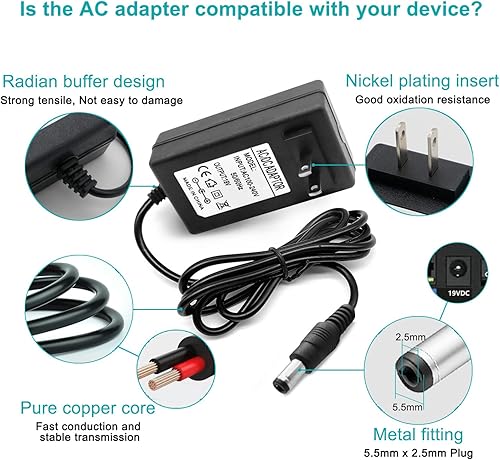 Miniatura 7 de Cable de alimentación de cargador de 19 V CA CC compatible con Eufy RoboVac 11S 12 15C 25C 30C 35C, Pure Clean PUCRC 15 25 26B 90, Coredy Robotic