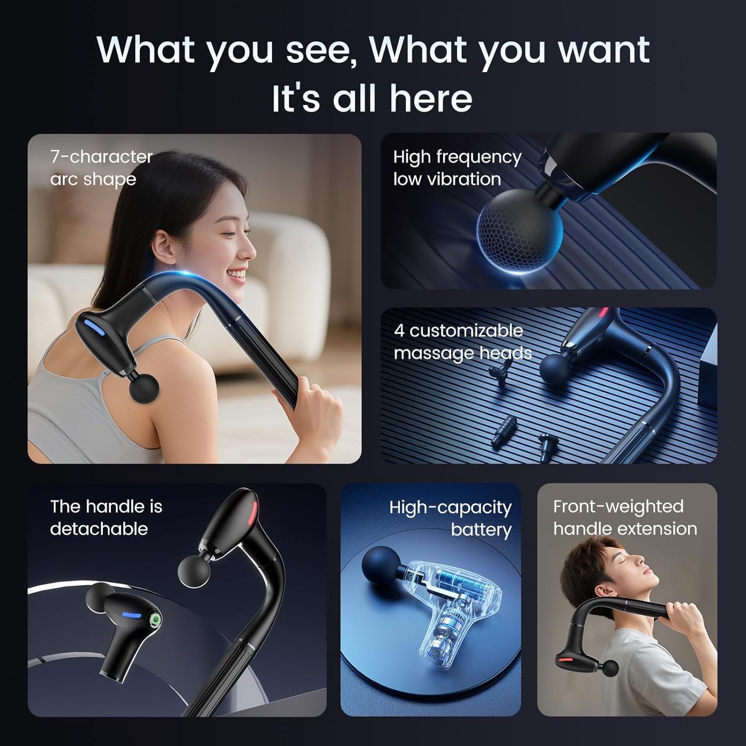 3-in-1 Massage Gun with Upgraded Extension Handle,Back Massager for Pain Relief, Portable Percussion Muscle Massager for Shoulder, Thigh, Waist & Neck Shoulders Waist Arm Legs Foot, 4 Replaceable