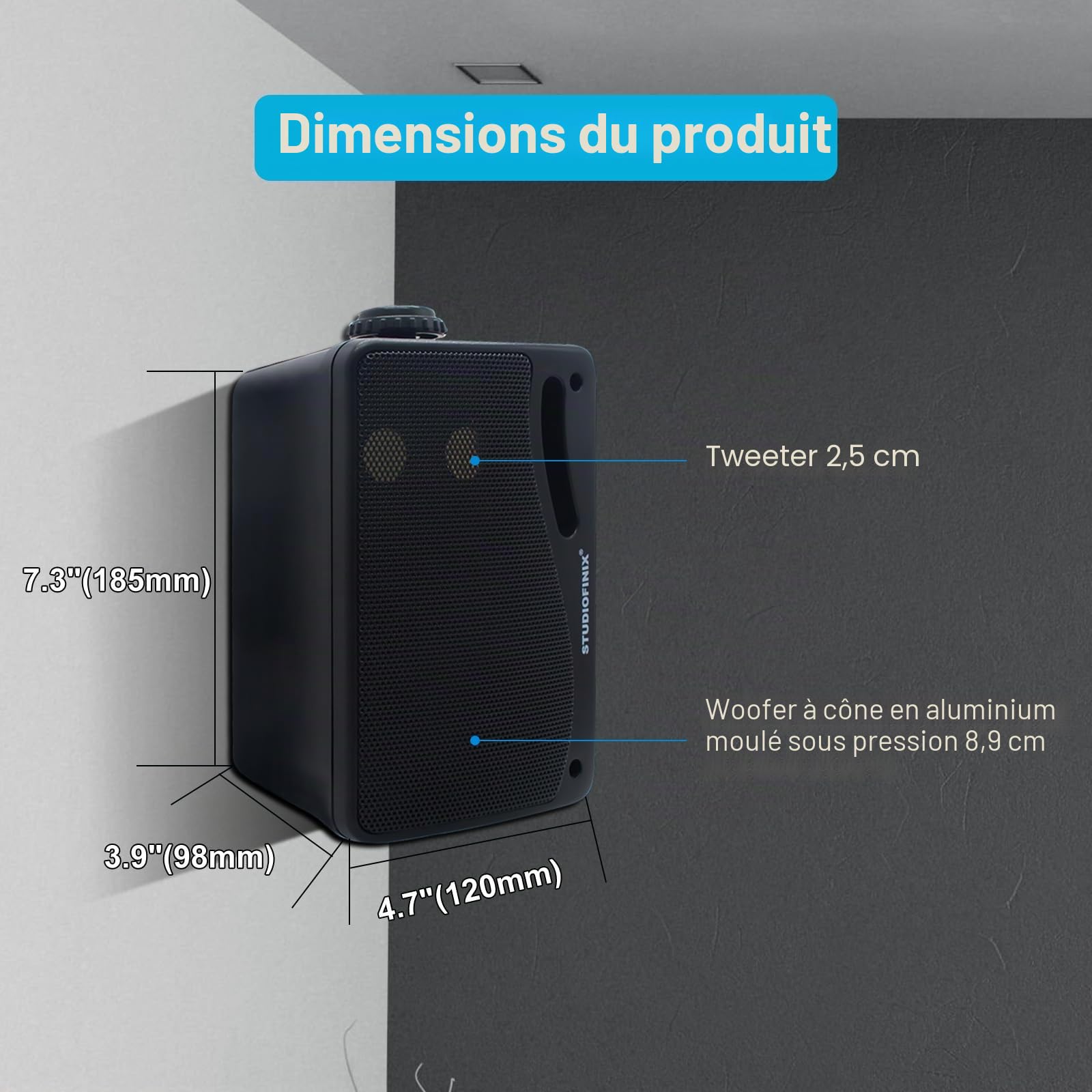 STUDIOFINIX 3,5 Pouces Haut-parleurs étanches pour 200W l'extérieur pour Montage en Surface, Marin et Mural - Grille ABS Robuste pour la Maison, Le Bateau, la Piscine, Le Patio (Noir)