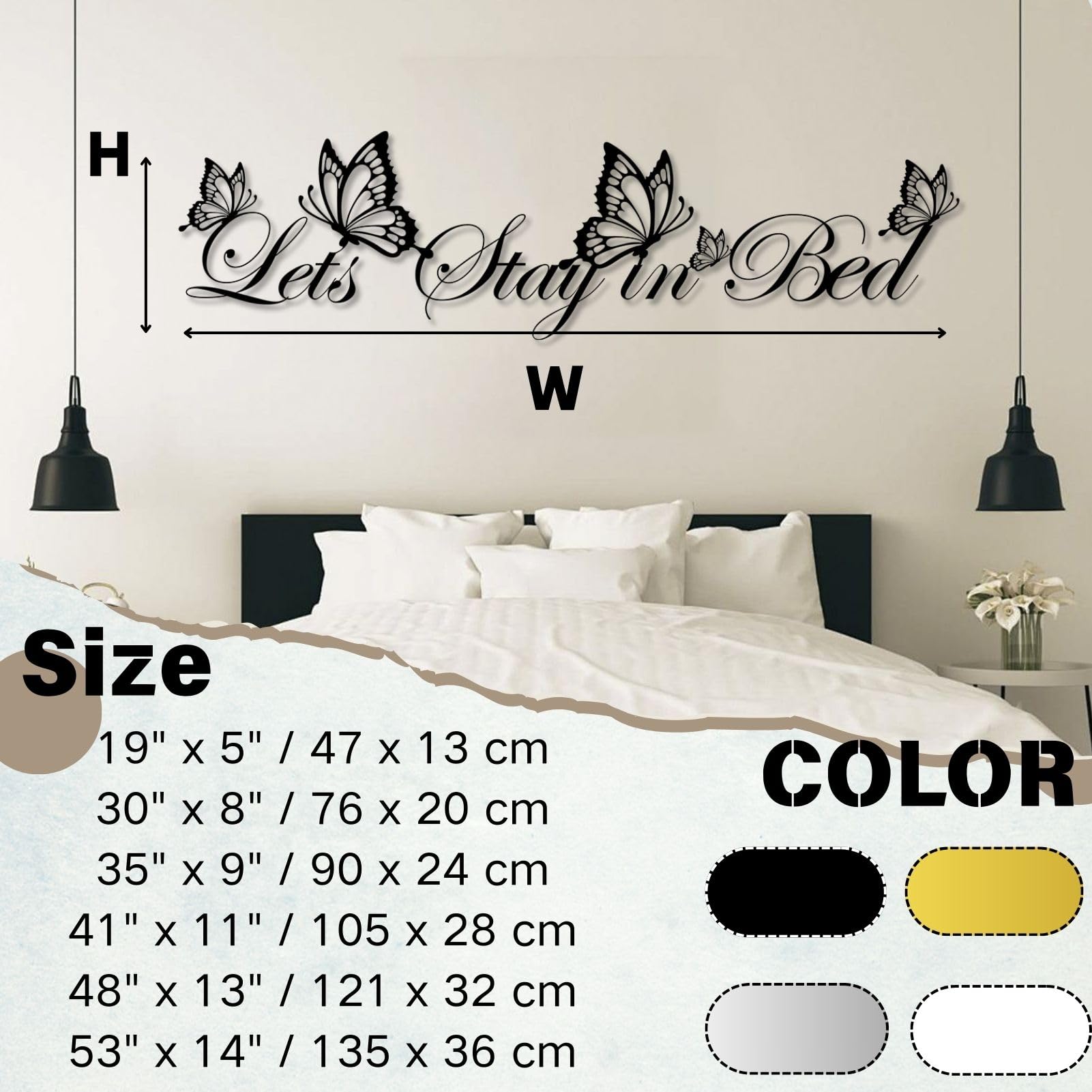 Metall-Wanddeko hängende Wandskulptur Let's Stay In Bed“ (Wortspiel mit dem Spruch Lasst Uns im Bett bleiben“) für Wohn- und Schlafzimmer Gold 76 x 20cm (30 x 8 Zoll)