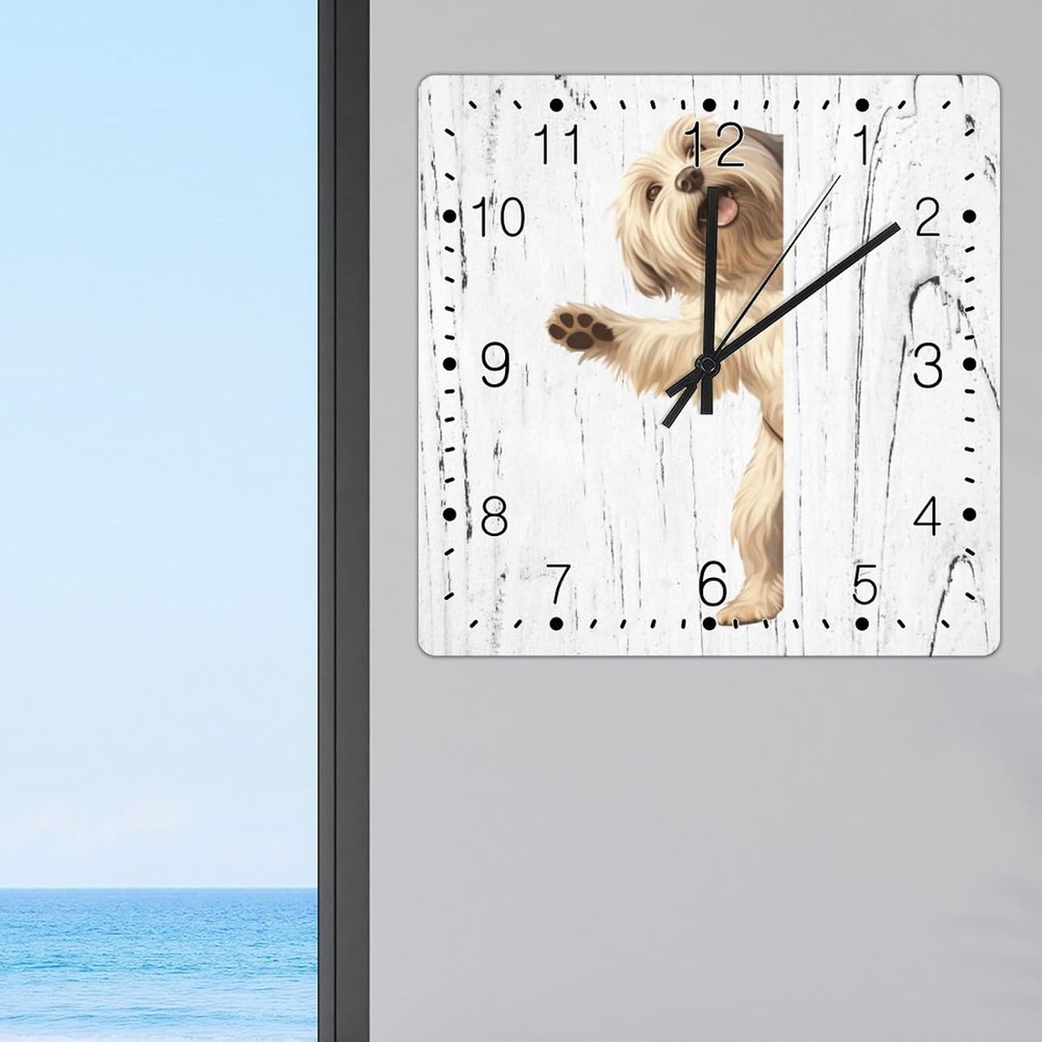 Lhasa Apso Clocks Lhasa Apso Dog Peeking ASquare Corner Wooden Wall Clock Pet Owner Gift Square Wooden Decorative Clocks Non-Ticking Silent Wall Clock for Home Living Room 15x15in