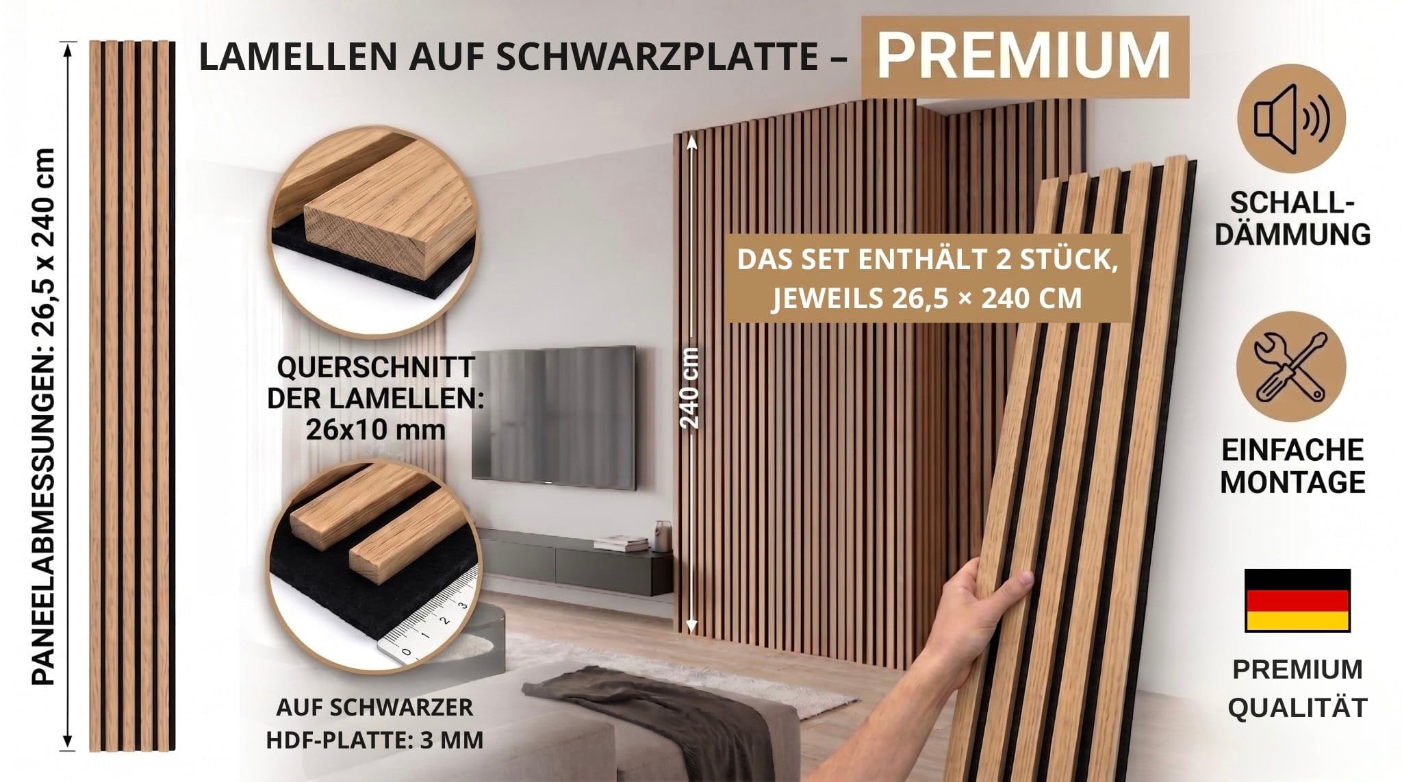 Paneles acústicos decorativos 3D MDF 2 piezas 26,5x240 cm blanco sobre base negra con listones verticales modernos para espacios interiores luminosos