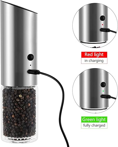 Miniatura 5 de Vzaahu Juego de molinillo eléctrico de sal y pimienta con tarro extra, molino de sal con pimentero batería recargable incorporada, acero inoxidable,