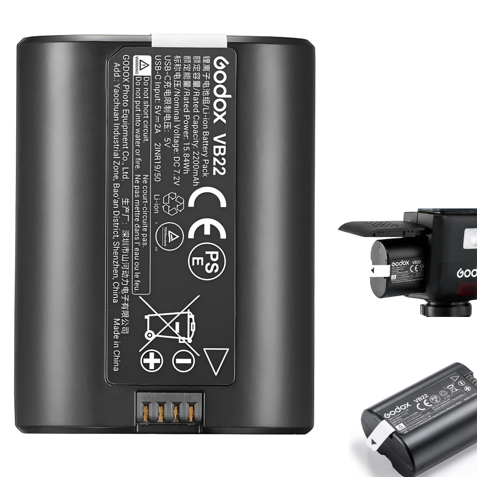 Godox Batterie de rechange VB22 pour V480, 7,2 V 2200 mAh Li-ion pour GODOX V480C / V480S / V480N / V480O / V480F et V350C / V350S / V350N / V350O / V350F Flash d'appareil photo Charge rapide USB-C