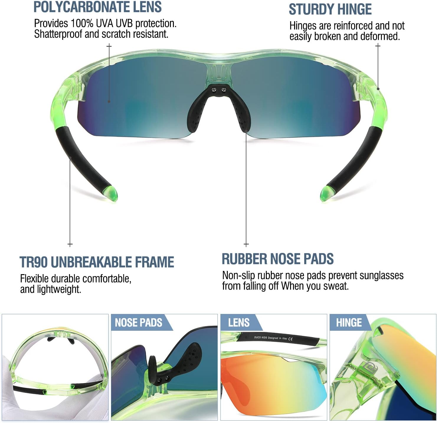 DUCO Sports Youth Baseball Sunglasses Kids Unbreakable TR90 Frame Lightweight Cylcing Glasses for Boys Girls 5-12 Age DK261