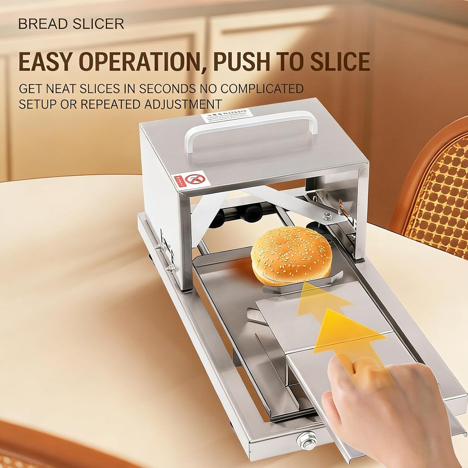 Hamburger Breads Slicer, Commercial Push-Pull Type Rapid Bagel Guillotine, Stainless Steel Round Slicer, Max Feed Gauge Size 4.7 * 5.9 In, 4 Thickness Settings, For Home & Bakery Use