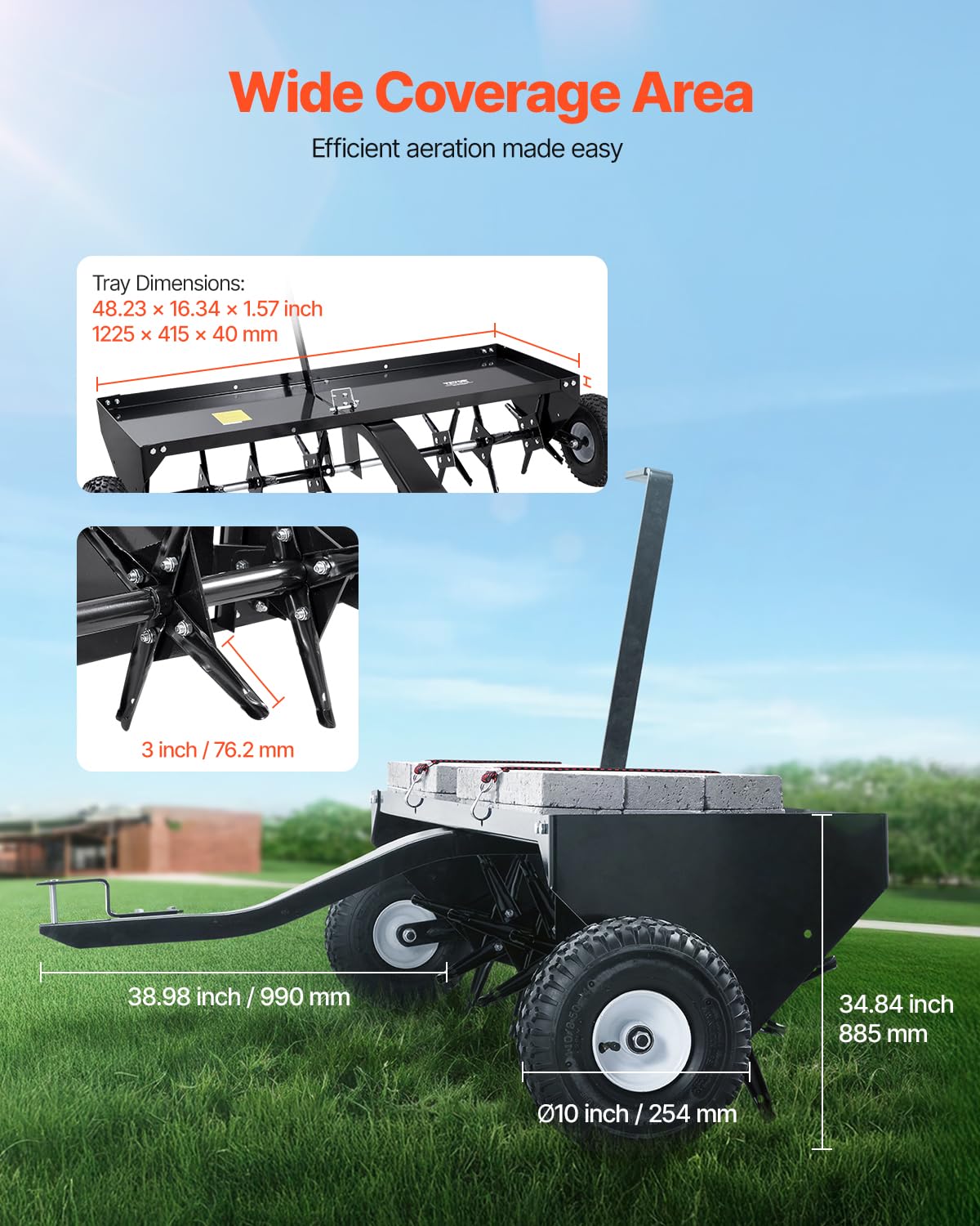 VEVOR Aerifizierer, 1500x980x885 mm, Rasenbelüfter zum Hinterherziehen mit Universalkupplung, Aufsitzmäher mit abwechselnd angeordneten Eisenspikes, Rasenlüfter für Gärten, Rasenflächen, Bauernhöfe
