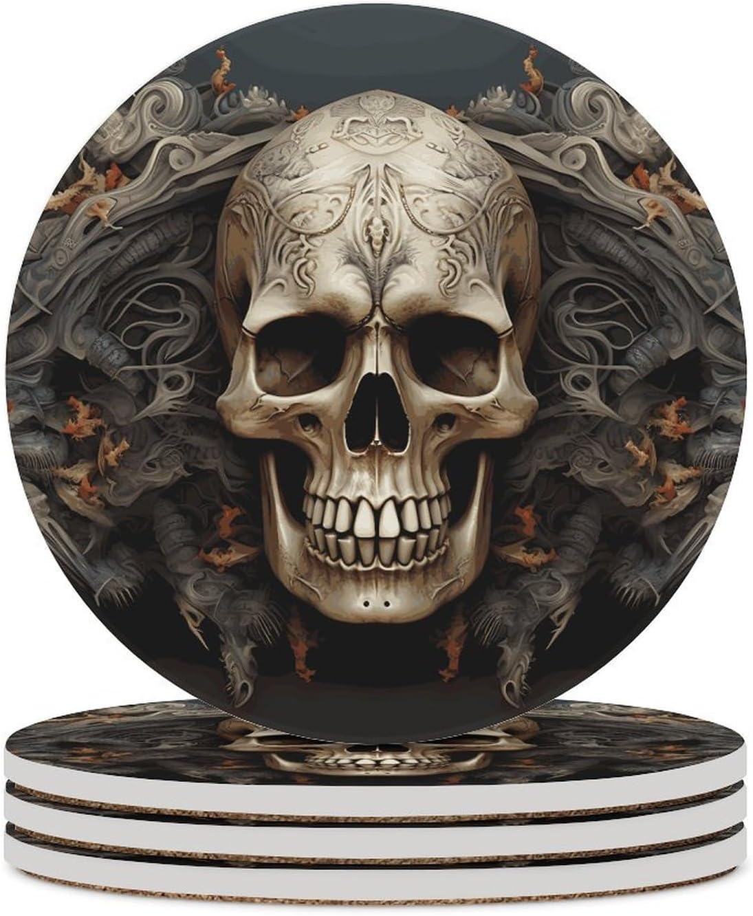 Skulls Coaster with Cork Base Drink Coasters for Coffee Table Decor Modern Cup Coasters with Non-Slip & Heat-Resistant Cute Ceramic Table Coaster for Home Dining