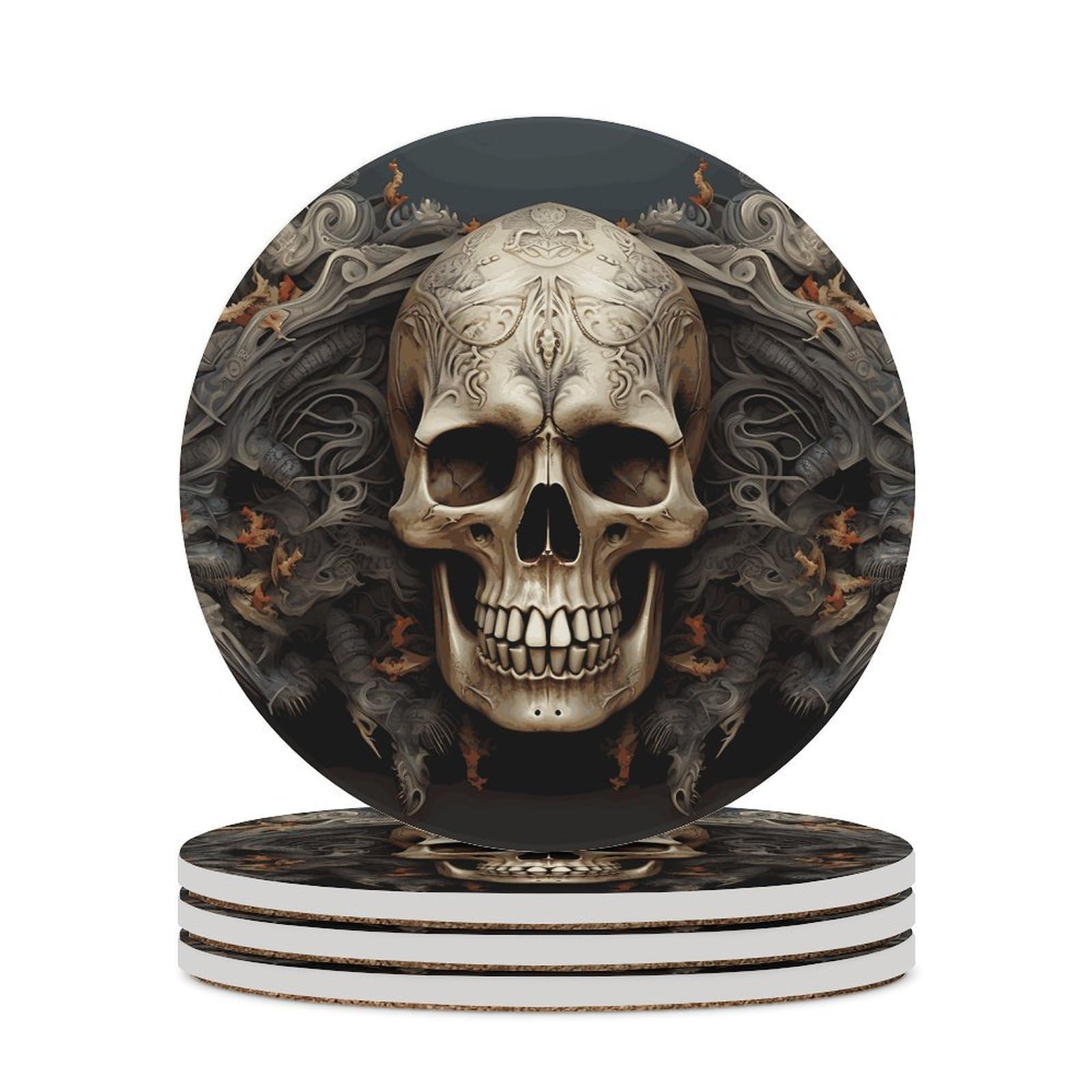 Skulls Coaster with Cork Base Drink Coasters for Coffee Table Decor Modern Cup Coasters with Non-Slip & Heat-Resistant Cute Ceramic Table Coaster for Home Dining