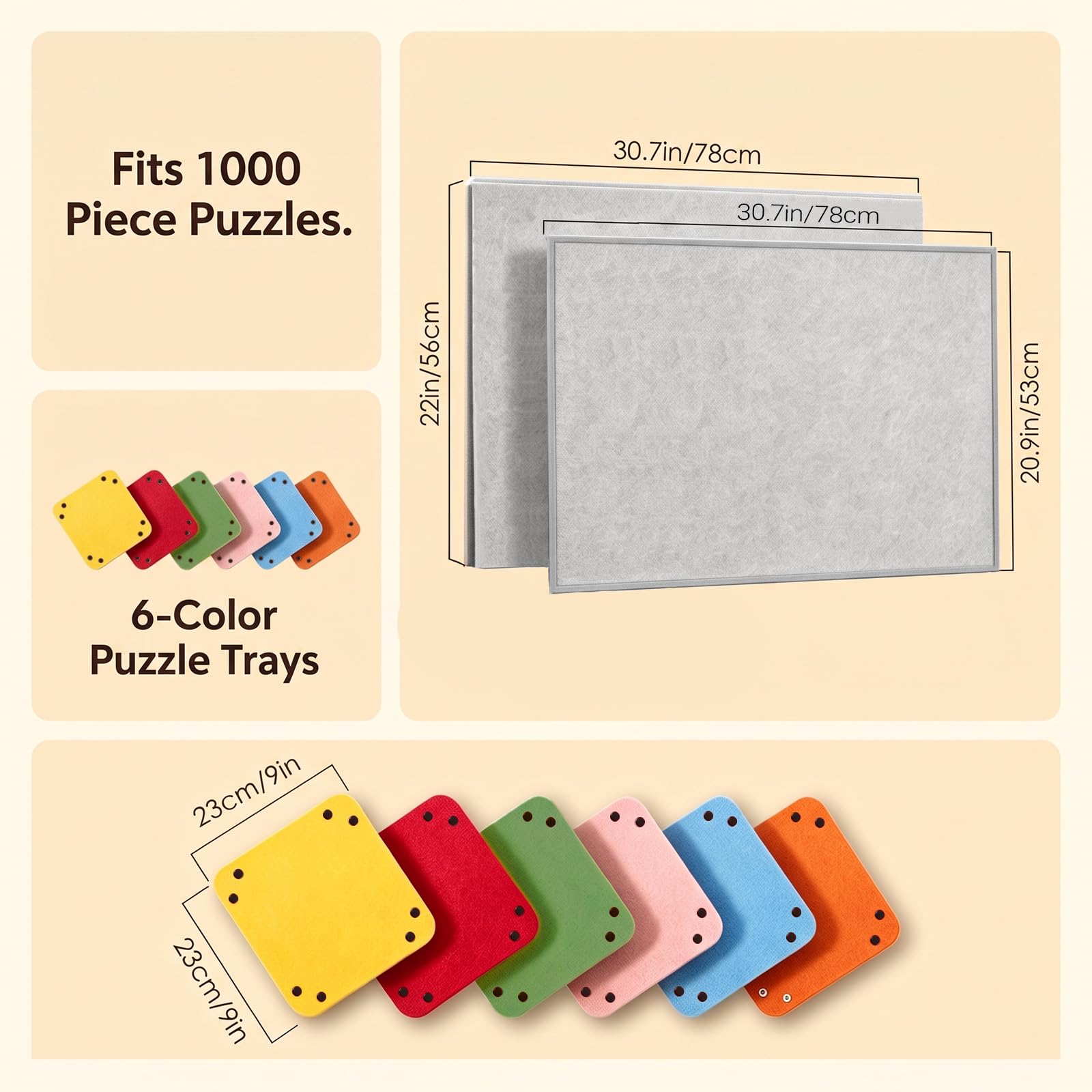 Plateau de Puzzle Pliable 1000 Pièces avec 6 Bols de Tri Colorés, Couverture 2-en-1 et Support de Puzzle, Gris Clair