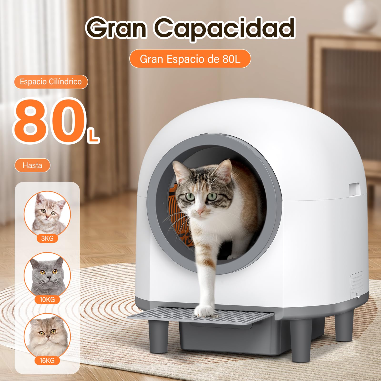 Arenero Gatos Autolimpiable, Arenero Autolimpiable para Gatos Silenciosa Caja de Arena Automática Integrada Segura 80L WC Arenero Automatico Inodoro &Sistema de Parada de Seguridad (Blanco)