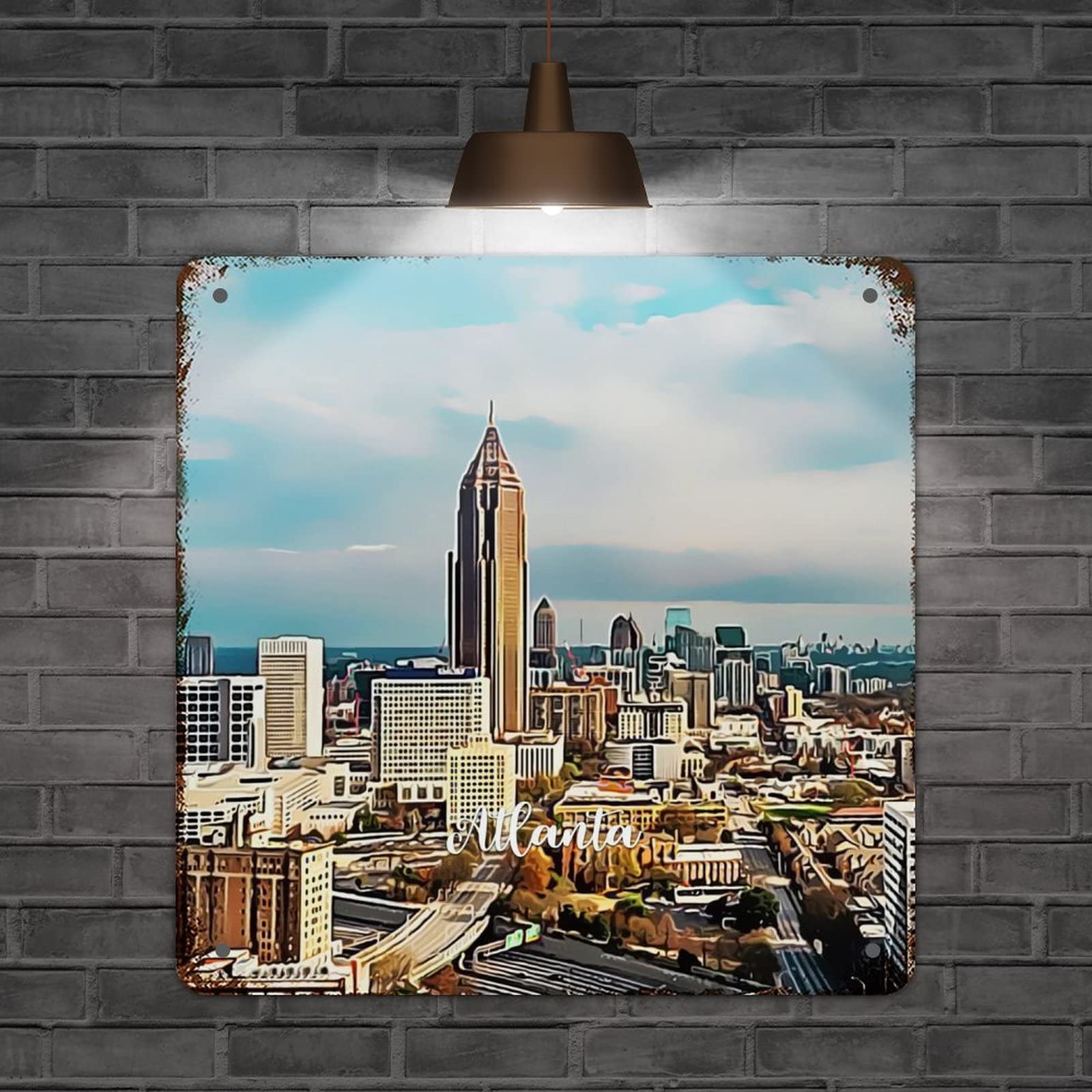 Panneau en métal rétro Atlanta : art mural en aluminium et paysage USA