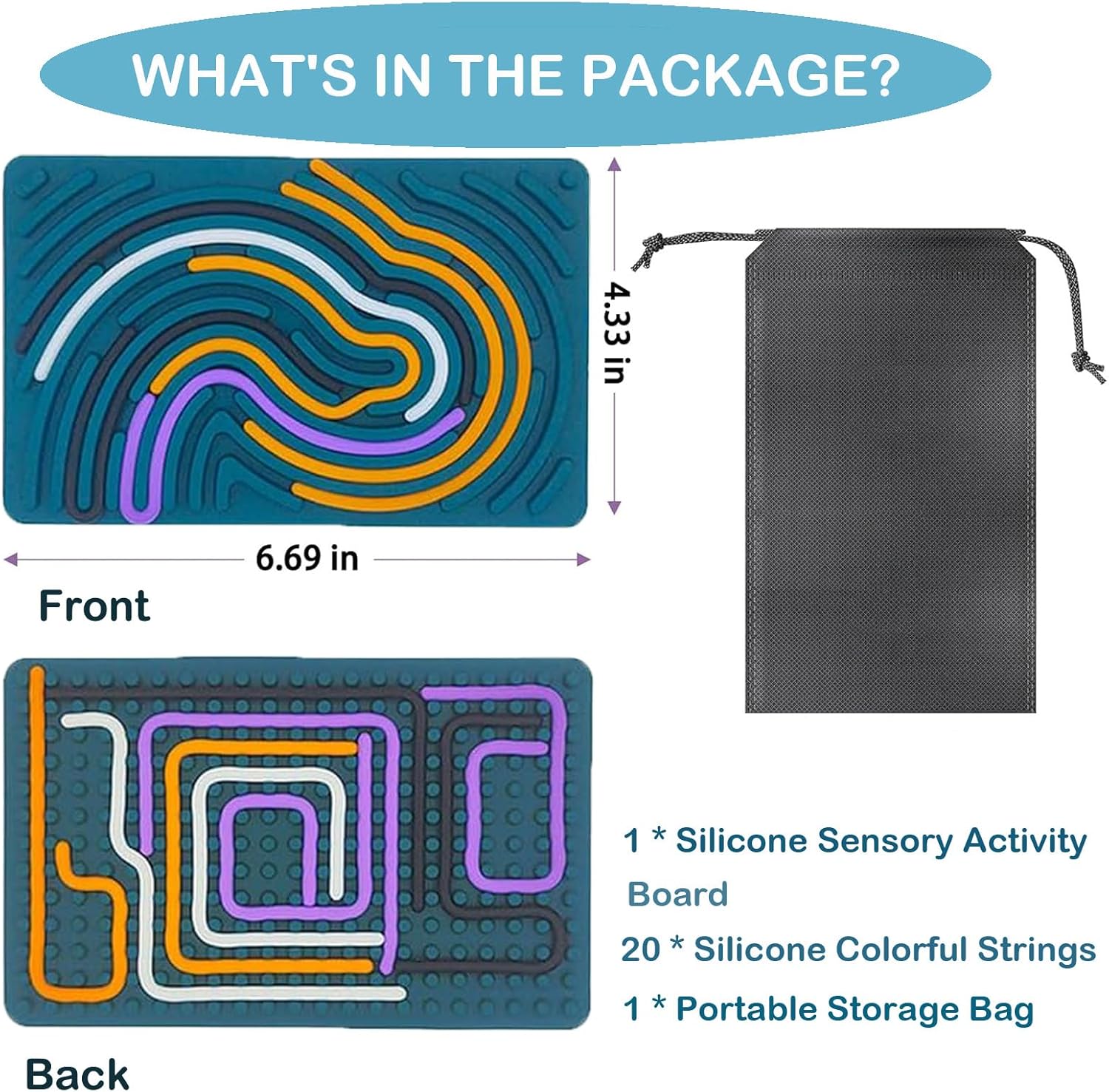 Sensory Activity Board, Double Side Silicone Design,Fidget Toy for ADHD & Autism,Calm Down, Stress, Anxiety, Kids 3+ & Adults Activities for Travel,Portable with Travel Bag & 20 Strings,Dark Green