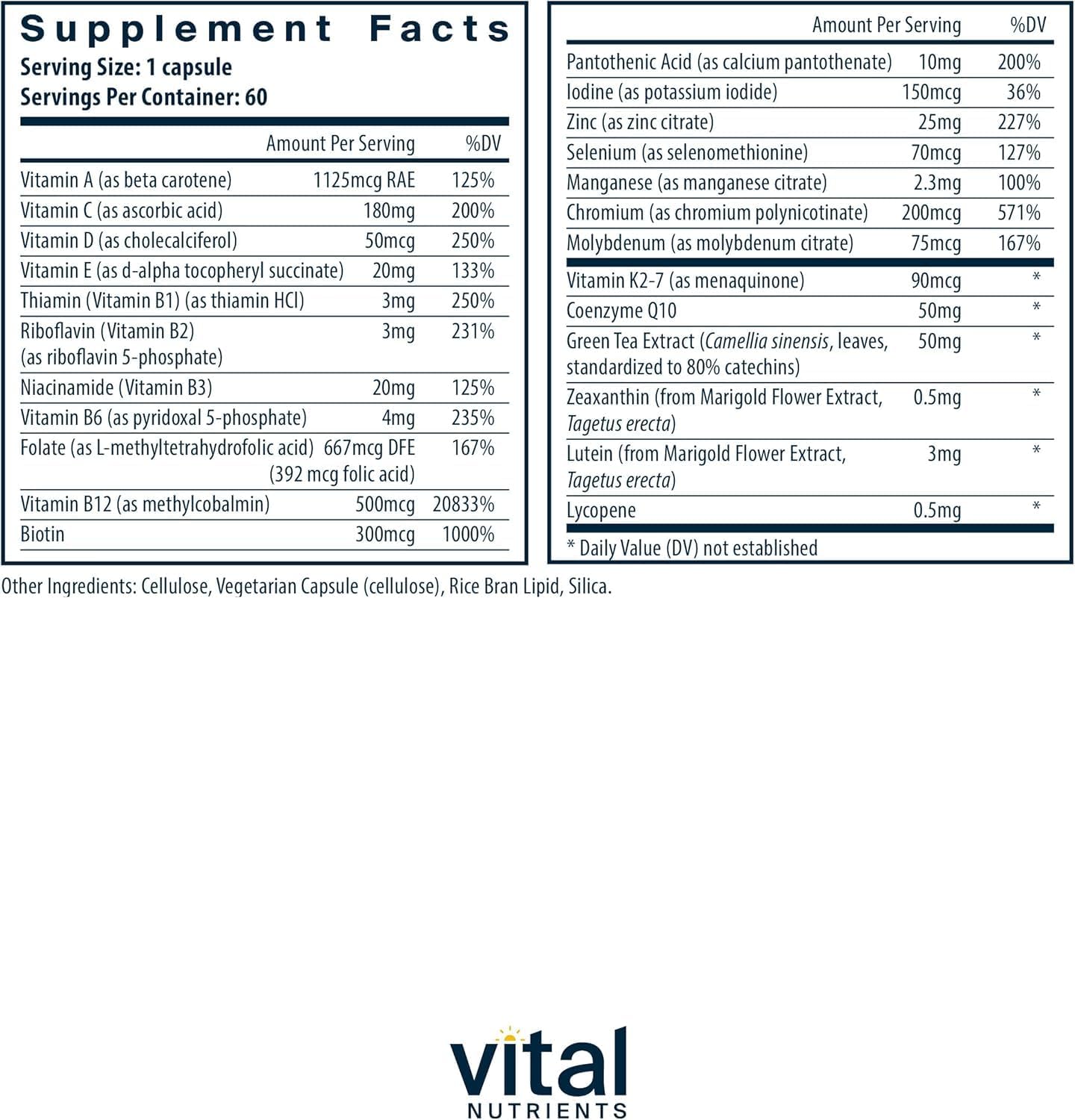 Vital Nutrients Once Daily Multivitamin - Vegan Multi for Women & Men - Allergen-Free - 19 Essential Vitamins + Antioxidants for Eye and Heart Health - Gluten, Dairy & Soy-Free - 60 Capsules — Amazon image 2