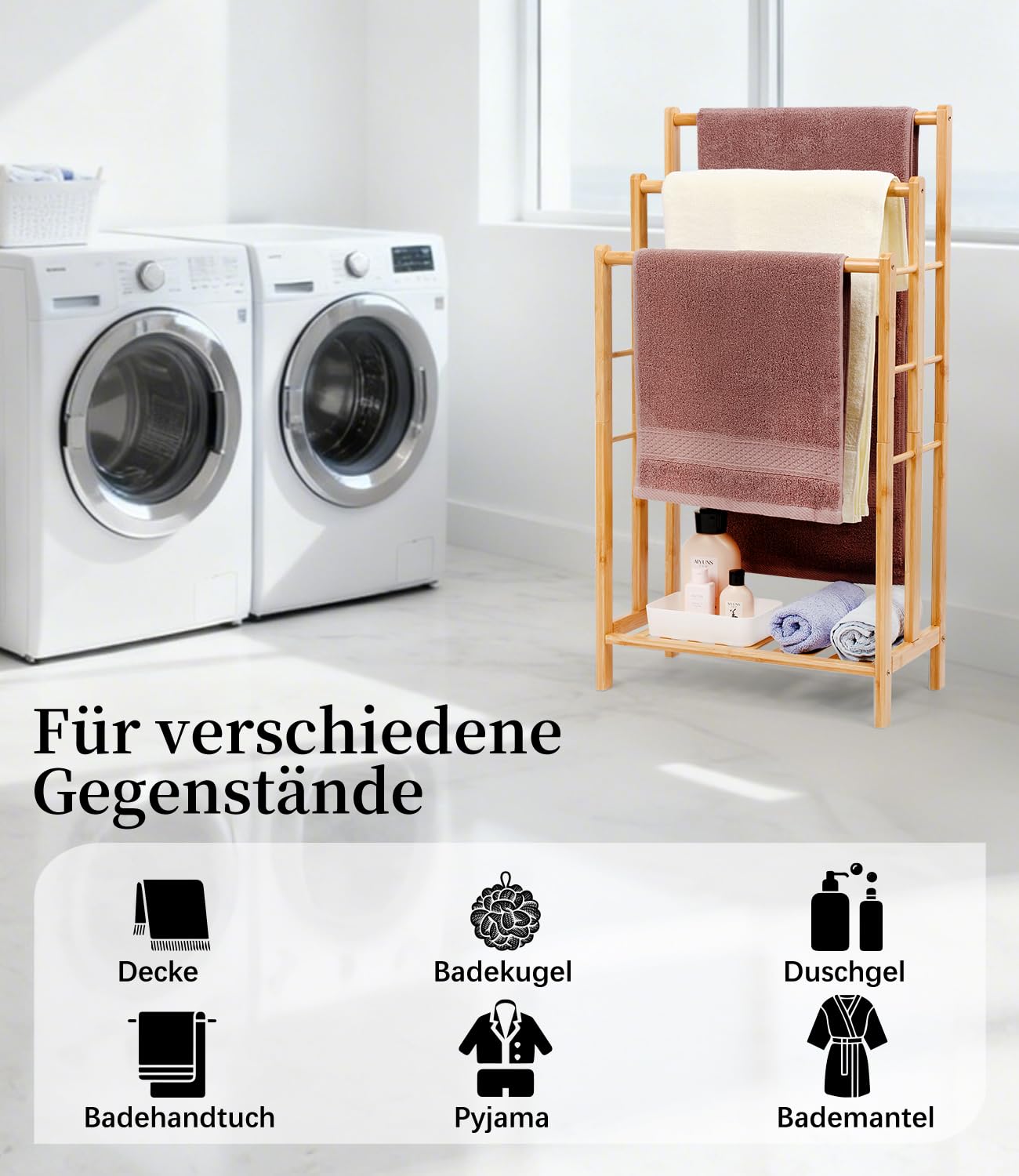 Portasciugamani in bambù con ripiano, portasciugamani indipendente, scaletta portasciugamani con 3 aste, bagno, soggiorno, salvaspazio (altezza 86 cm)