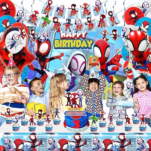Miniatura 5 de Spidey y sus increíbles amigos suministros para fiesta de cumpleaños, decoraciones de fiesta de cumpleaños de superhéroes incluyen pancarta, globos,