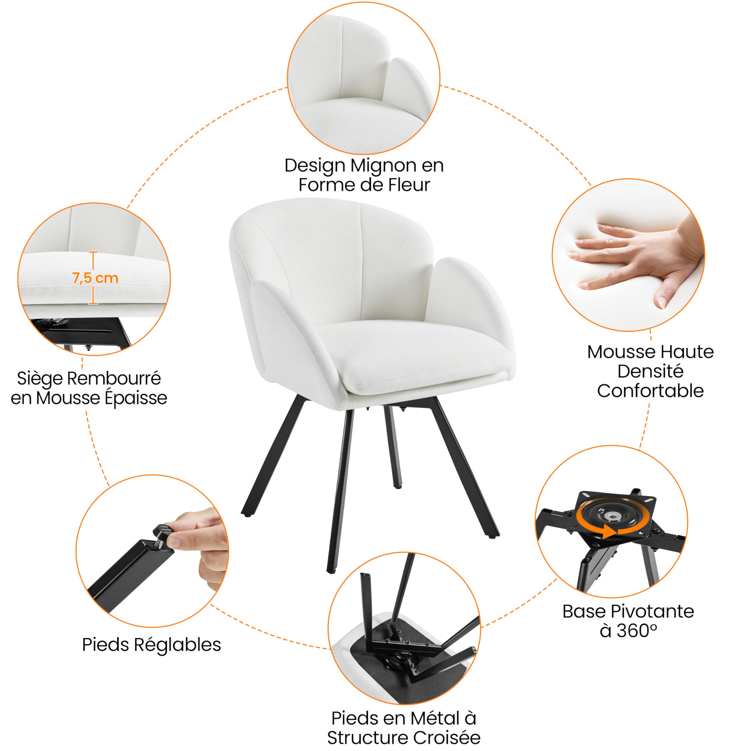 Yaheetech Fauteuil Salon en Velours Chenille，Design Fleur，Chaise Coiffeuse Pivotante，Fauteuil Chambre Confortable avec Coussin Amovible pour Chambre Bureau Domicile Blanc