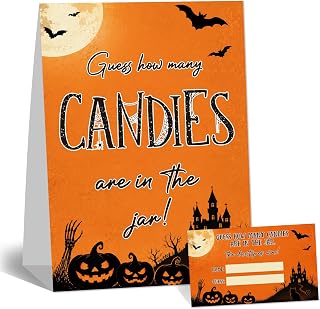 Halloween Guess How Many Candies Game, 50 Cards and 1 Sign - Halloween Party Game for Birthday Baby Shower Wedding Shower Autumn Holiday Party Games & Activities -lika014