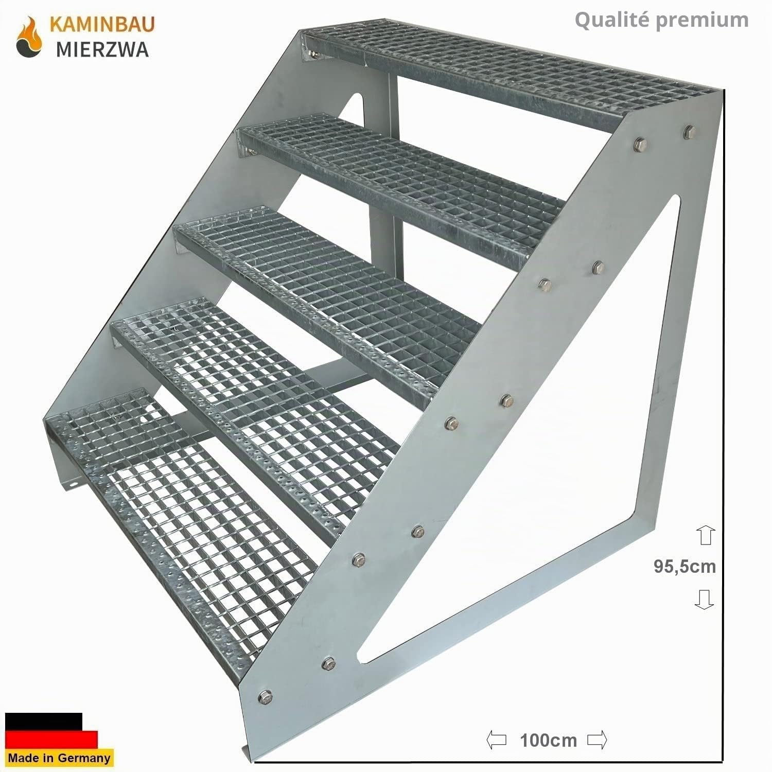 Premium Caillebotis acier Escalier à limon 5 Marches Autoportant Entièrement galvanisé - Dimensions (L x l x H) 101cm x 60cm x 95cm Résistant aux intempéries et protégé contre la corrosion