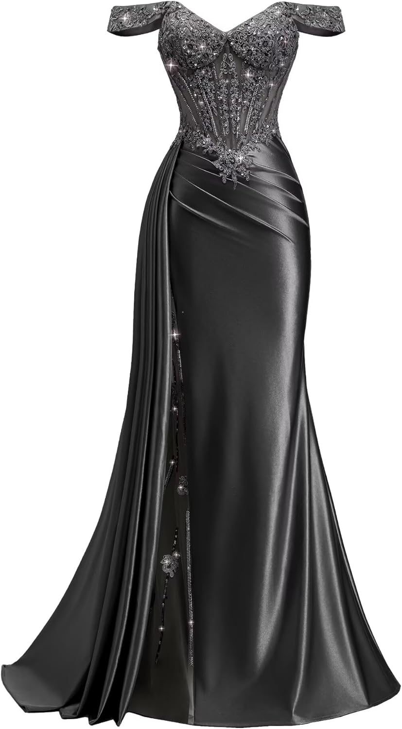 Off Shoulder Satin Prom Dresses 2026 Long Lace Beaded Mermaid Formal Dresses Pleated Evening Party Gown with Slit Tail