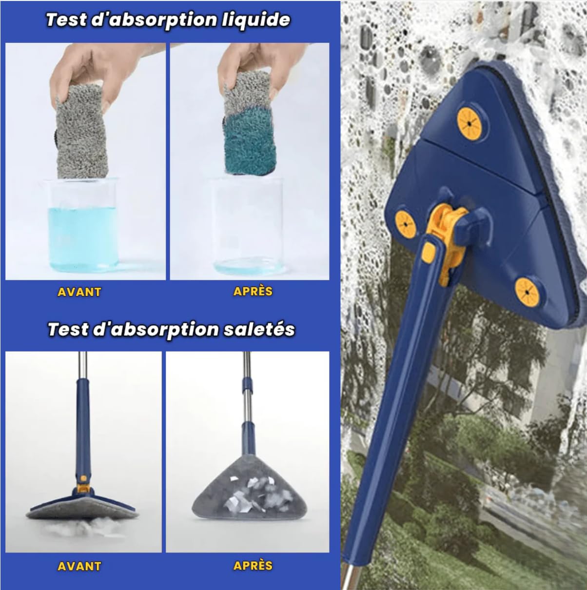 Quickclean-Balai Essoreur Rotatif pour Un Nettoyage À 360° des Sols, Murs Et Plafonds (Bleu)