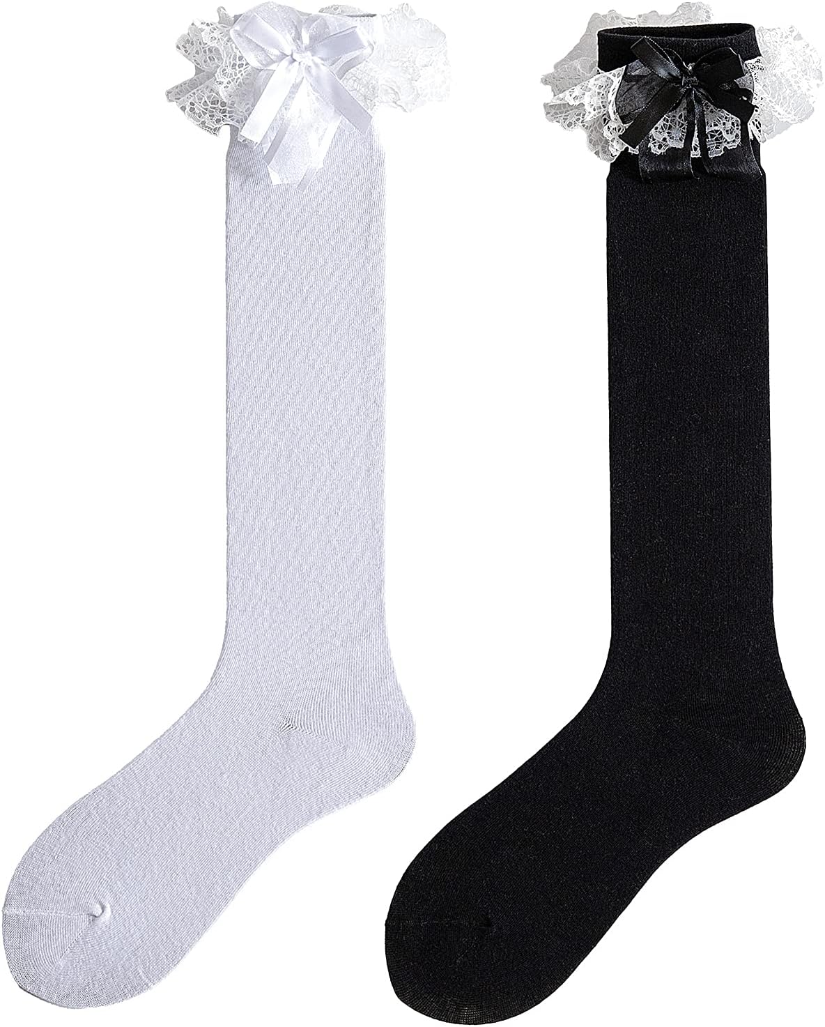 Women Soft Knee High Socks Lovely&Cute Solid color Lace Ruffle Bow Girls socks for Lolita