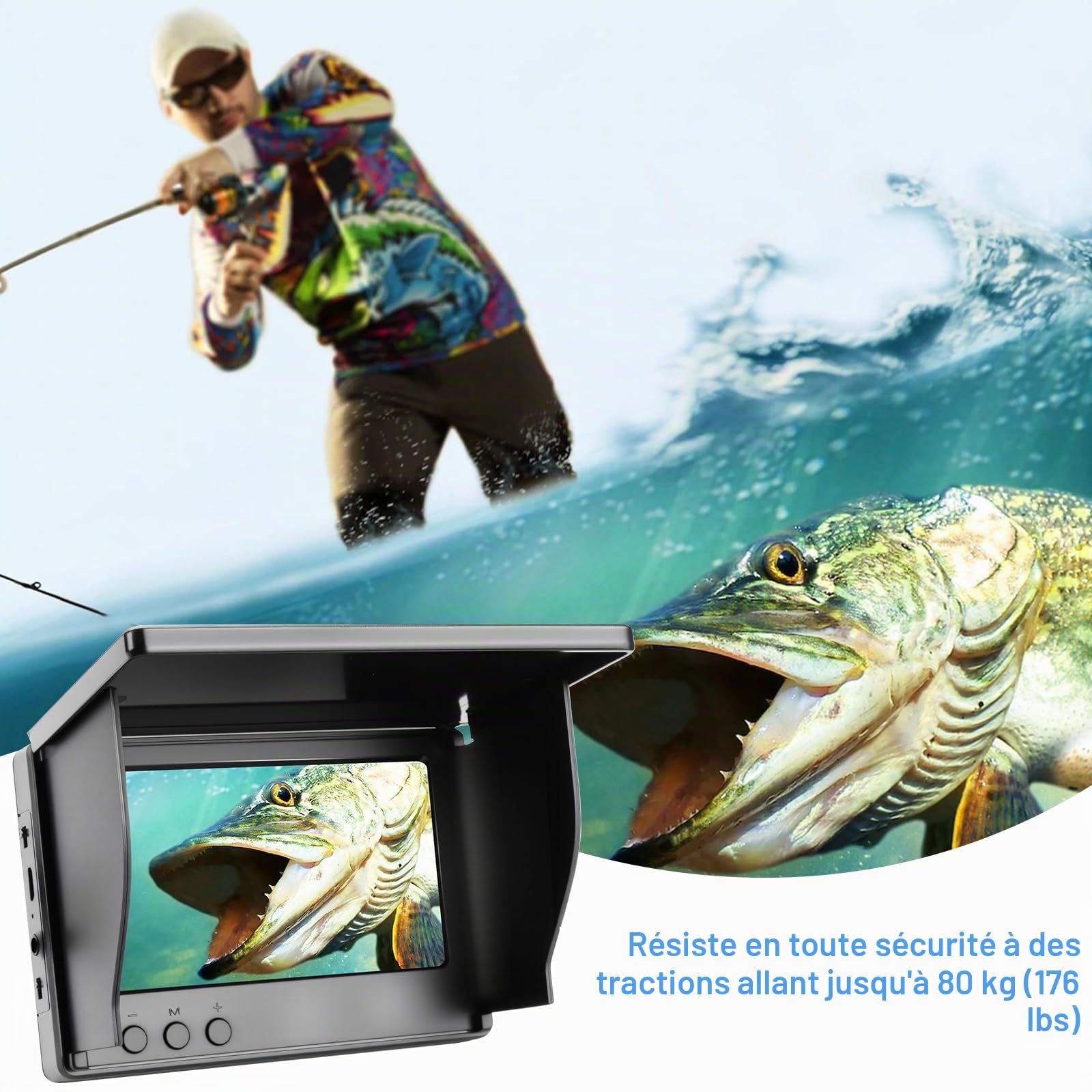 Caméra de pêche sous-marine, batterie 5000 mAh, détecteur de poissons, étanche avec écran IPS de 4,3" et câble de 30 m, vision nocturne grand angle de 220 ° pour la pêche sur glace, rivière et