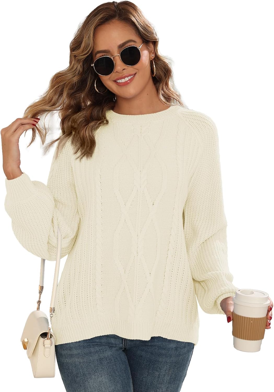 Women's Cable Knit Crewneck Sweaters 2025 Fall Winter Long Sleeve Casual Chunky Knit Sweater Pullover Top S-XL