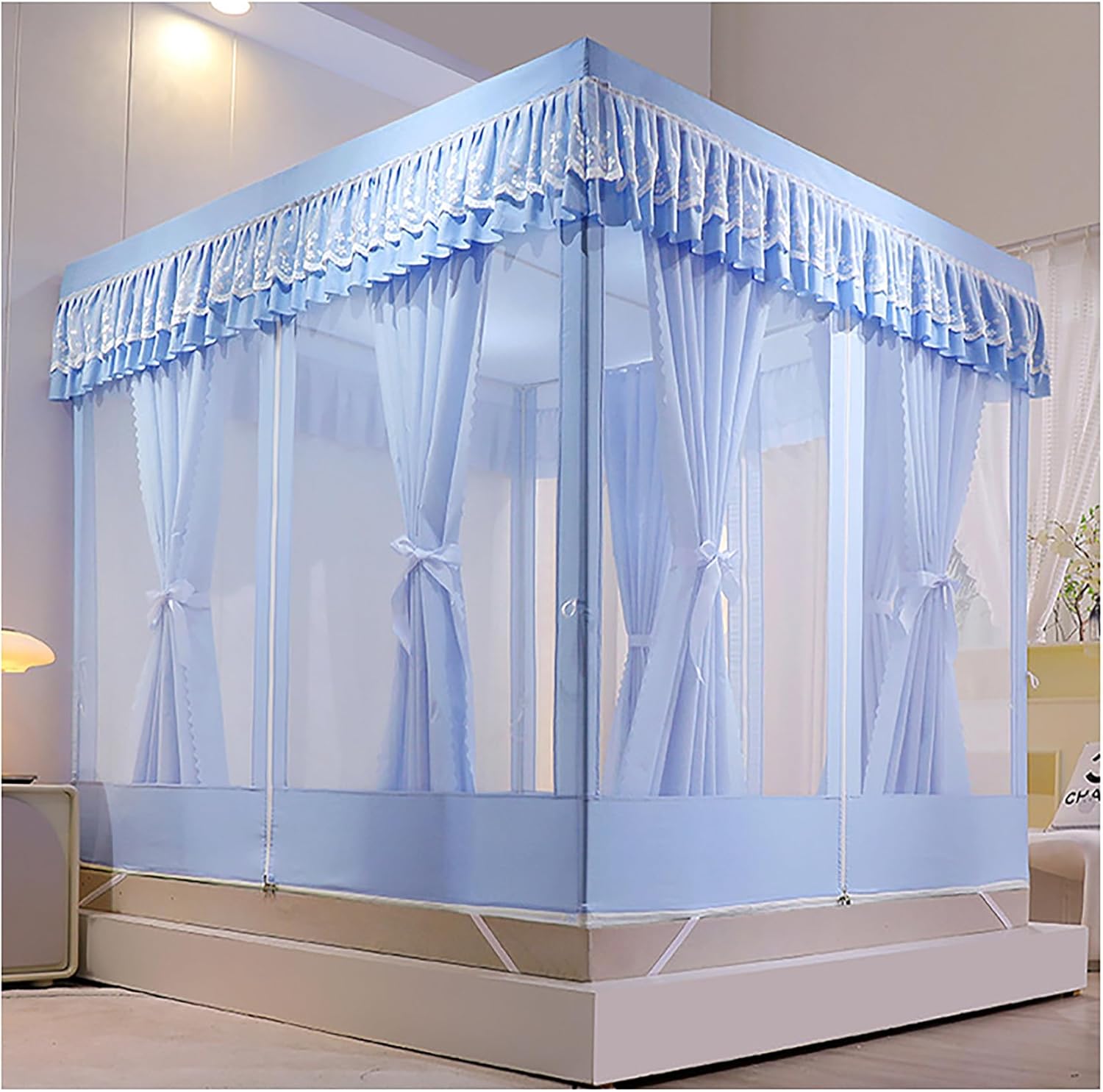 Cozy Drape Bed Netting Canopy Frame 4 Corners Canopy Bed Frame Post Poles with Curtain Mosquito Net Bed Frame Curtain Brackets Elegant(Blue Full)