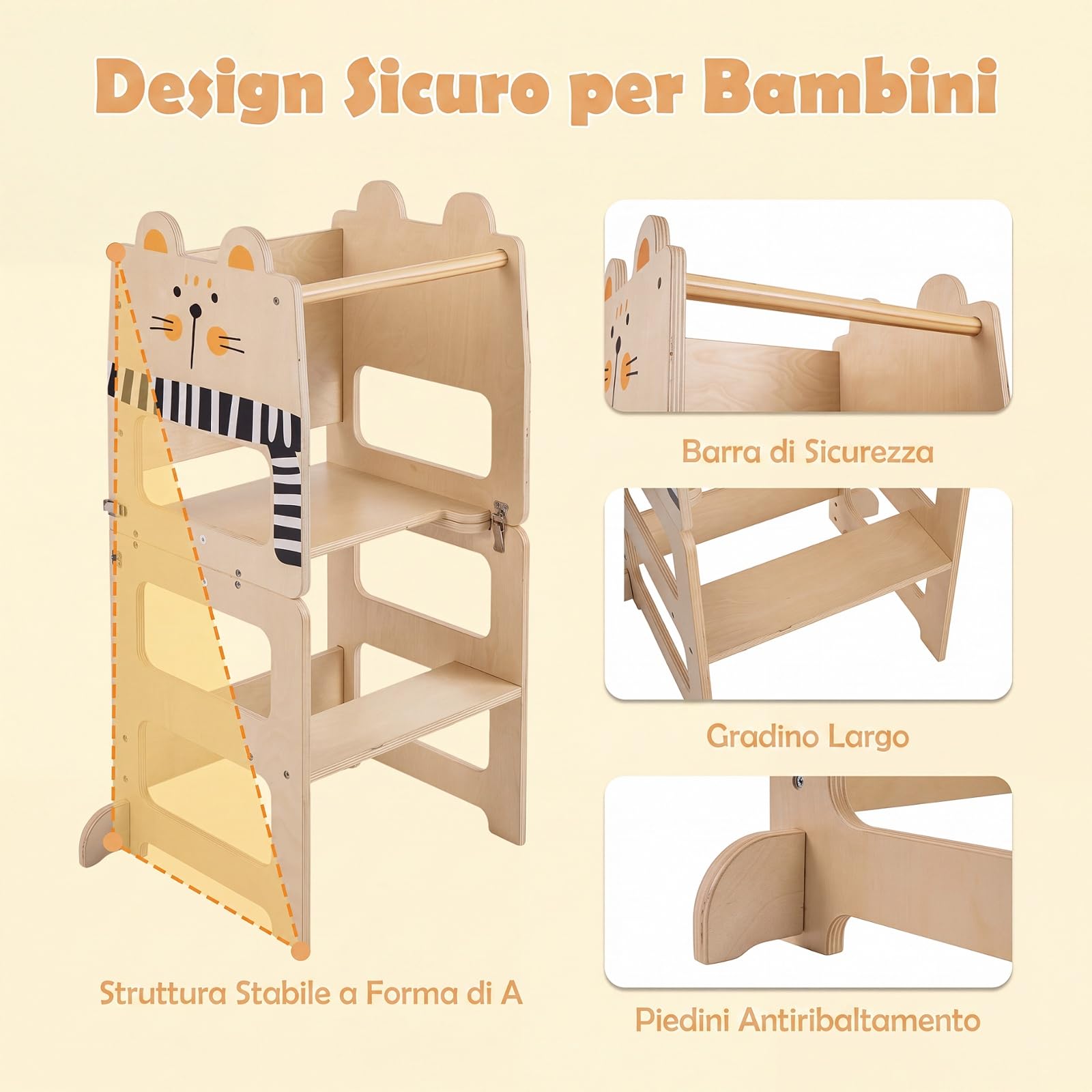 COSTWAY Torre Montessoriana per Bambini, Trasformabile in Tavolo e Sedia | Torre di Apprendimento con Lavagna Pieghevole, Forma di Gatto, Scala Sicura in Legno per Cucina e Bagno, 18+ Mesi