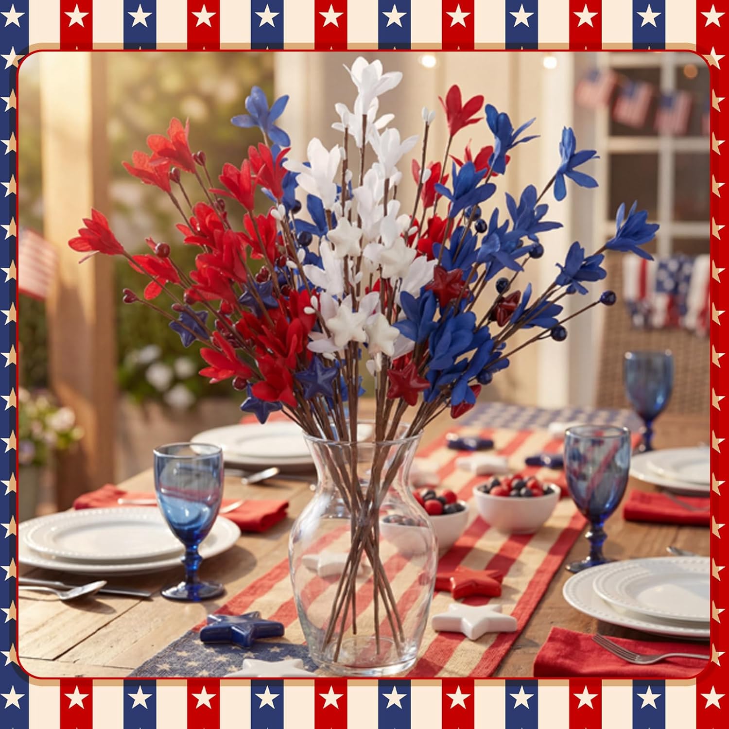 Janinka 18 Pcs White Blue Red Decor 250th Anniversary Decoration Patriotic Artificial Berry Stem Picks for 4th of July Independence Day Pentagram Faux Floral Branches for Home Office Vase Decor