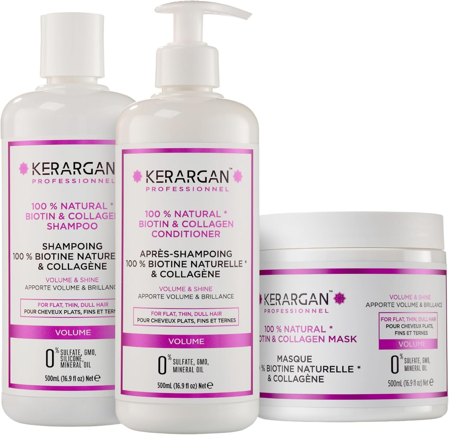Volumeverhogend Trio Shampoo, Conditioner & Masker met Biotine & Collageen – voor Plat, Fijn en Dof Haar – Zonder Sulfaat, GMO, Siliconen, Minerale Olie – 3x500ml+1x100ml