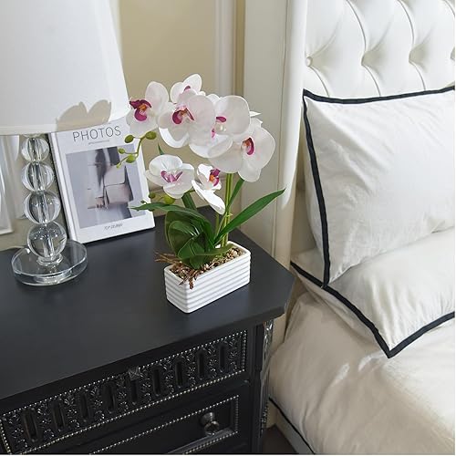 Vista 13 de Flores artificiales de orquídea de tacto real en maceta, flor falsa de Phalaenopsis con jarrón de cerámica blanca, arreglo de orquídeas sintéticas