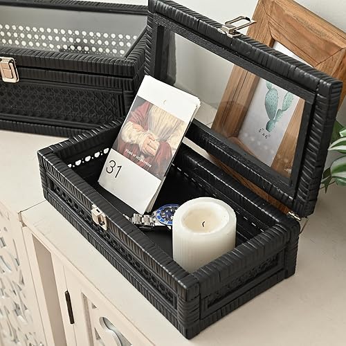 Miniatura 6 de Cajas de almacenamiento decorativas de caña y ratán con tapas, elegante juego de 2, cajas apilables con parte superior de vidrio, dije rústico hecho