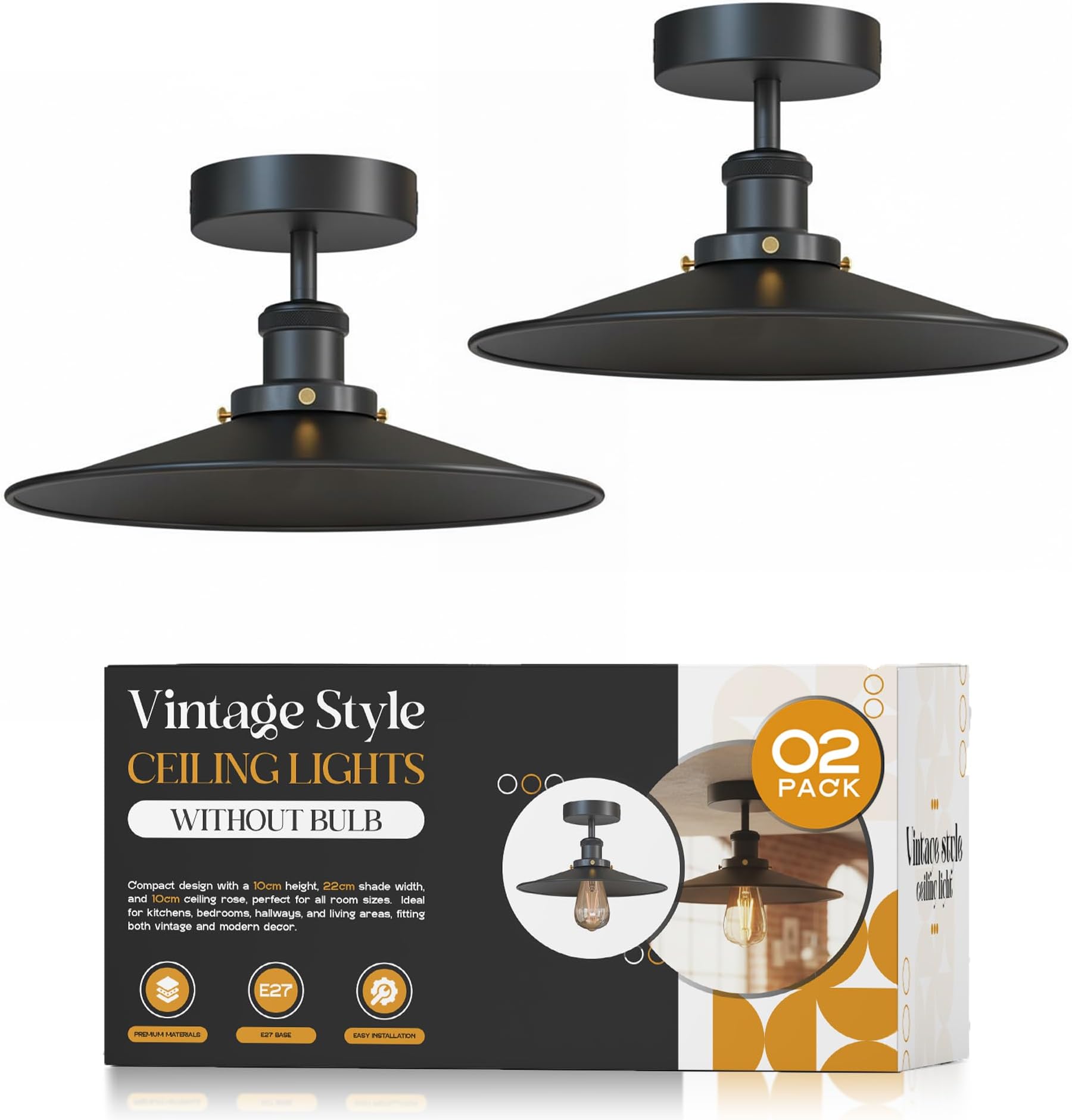 LEDSone Home Modern Black Ceiling Light Fixture - Industrial 2 Pack Semi Flush Mount Ceiling Lighting LED Chandeliers Fitting for Kitchen Hallway Dining Rooms Living Room EPC A+